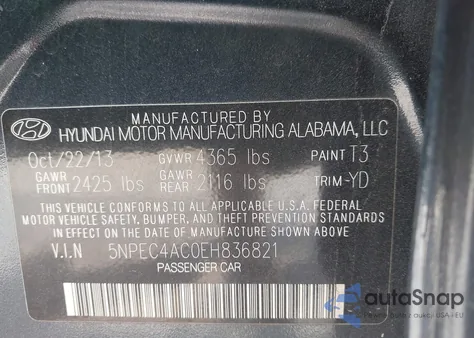 2014 Hyundai Sonata Se/Limited z USA, uszkodzony, nr VIN 5NPEC4AC0EH836821